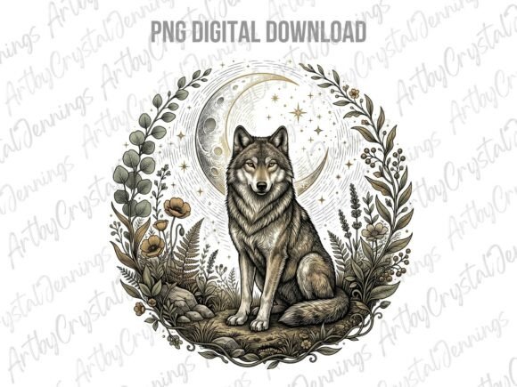 Download Vintage Celestial Moon Wolf Animal PNG - Celestial Collection
